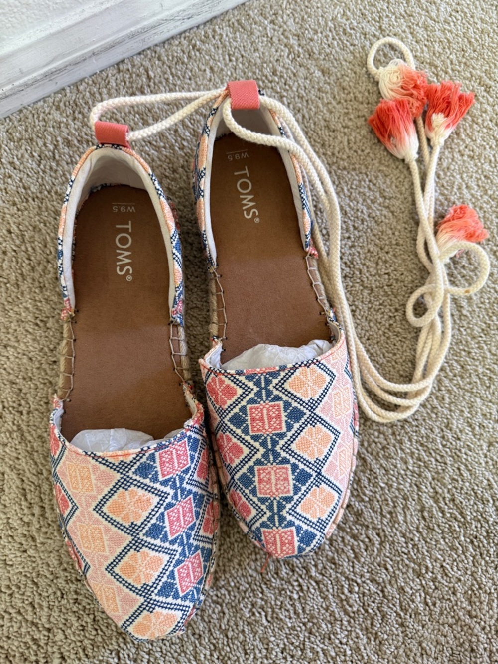 TOMS Women's Coral & Navy Patterned Espadrille Flats with Ankle Tie
